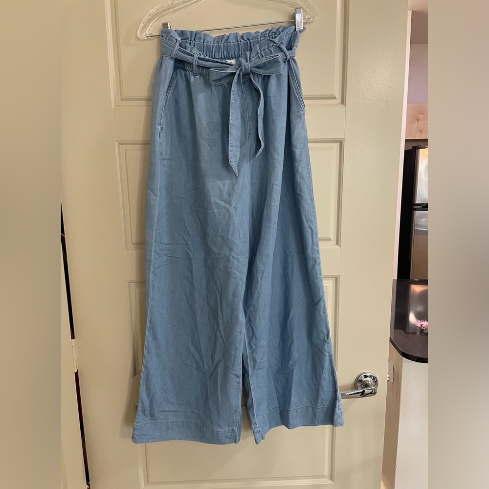 Soft Light Denim/Cotton blend pants. Wide Leg with waist tie